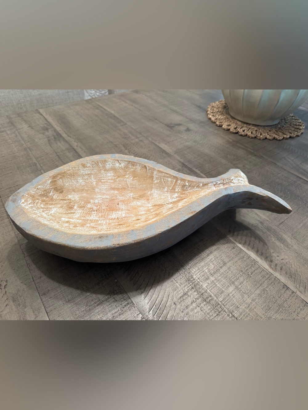 Handcarved Distressed Wooden Fish Bowl. 19” across and heavy.